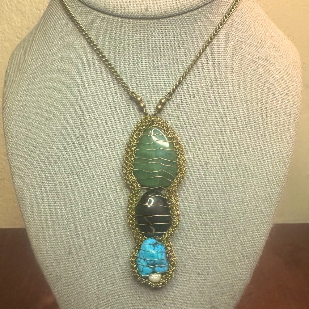 Vintage Handmade Wired Wrapped Turquoise, Jade, Pearl, Black Onyx Necklace